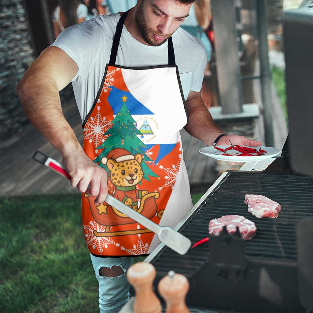 Nicaragua Christmas Apron with Jaguar in Sleigh Christmas Tree Snowflakes and Flag Colors Design - Wonder Print Shop