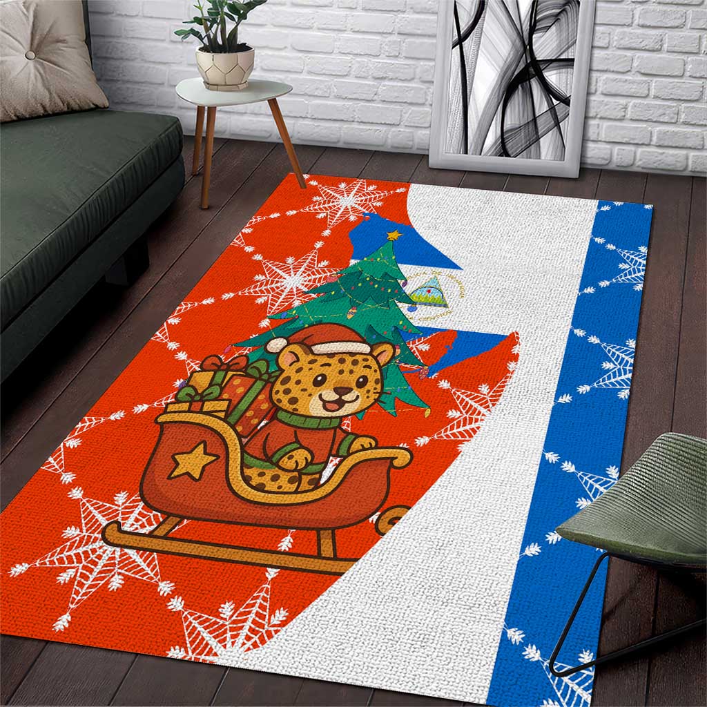 Nicaragua Christmas Area Rug with Jaguar in Sleigh Christmas Tree Snowflakes and Flag Colors Design - Wonder Print Shop