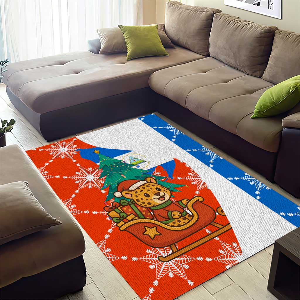 Nicaragua Christmas Area Rug with Jaguar in Sleigh Christmas Tree Snowflakes and Flag Colors Design - Wonder Print Shop