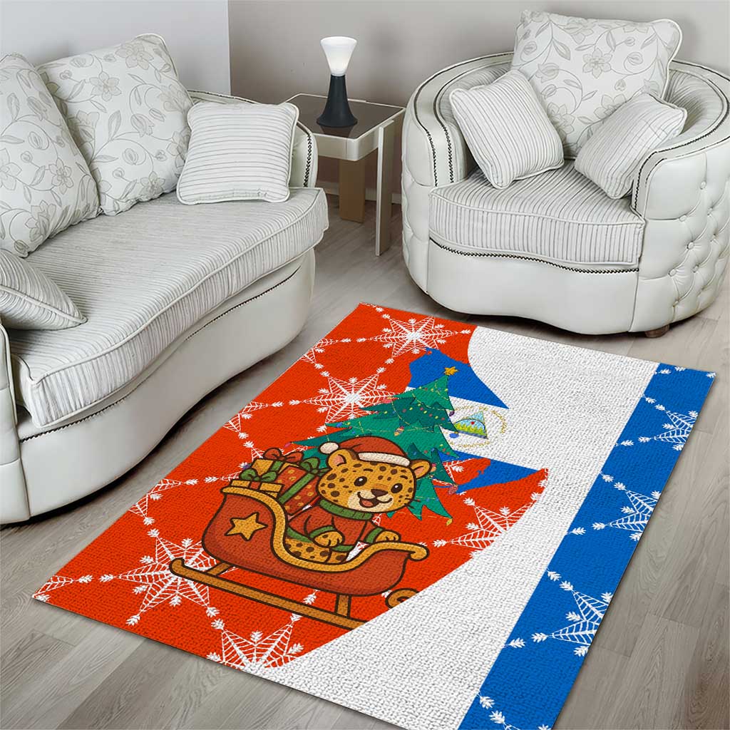 Nicaragua Christmas Area Rug with Jaguar in Sleigh Christmas Tree Snowflakes and Flag Colors Design - Wonder Print Shop