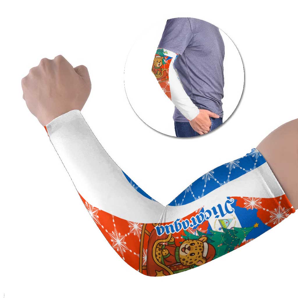 Nicaragua Christmas Arm Sleeves with Jaguar in Sleigh Christmas Tree Snowflakes and Flag Colors Design - Wonder Print Shop