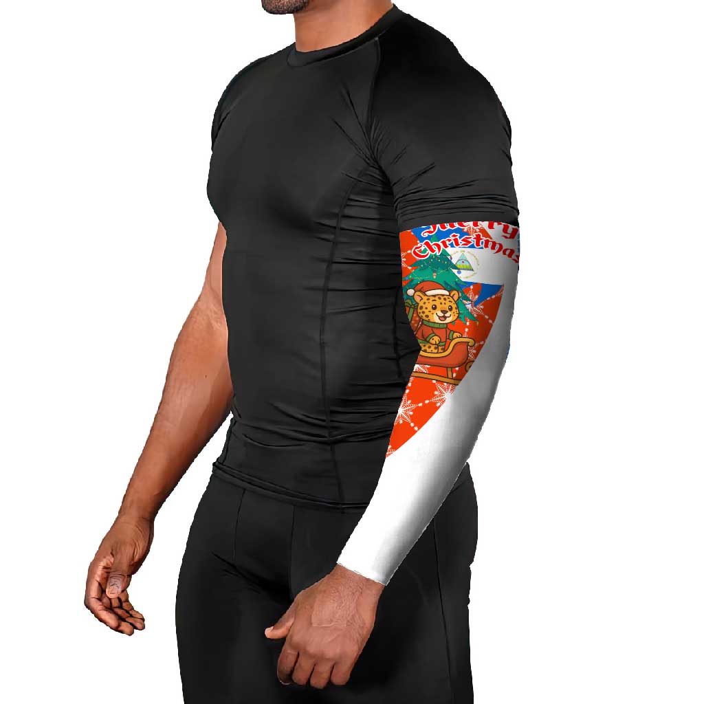 Nicaragua Christmas Arm Sleeves with Jaguar in Sleigh Christmas Tree Snowflakes and Flag Colors Design - Wonder Print Shop