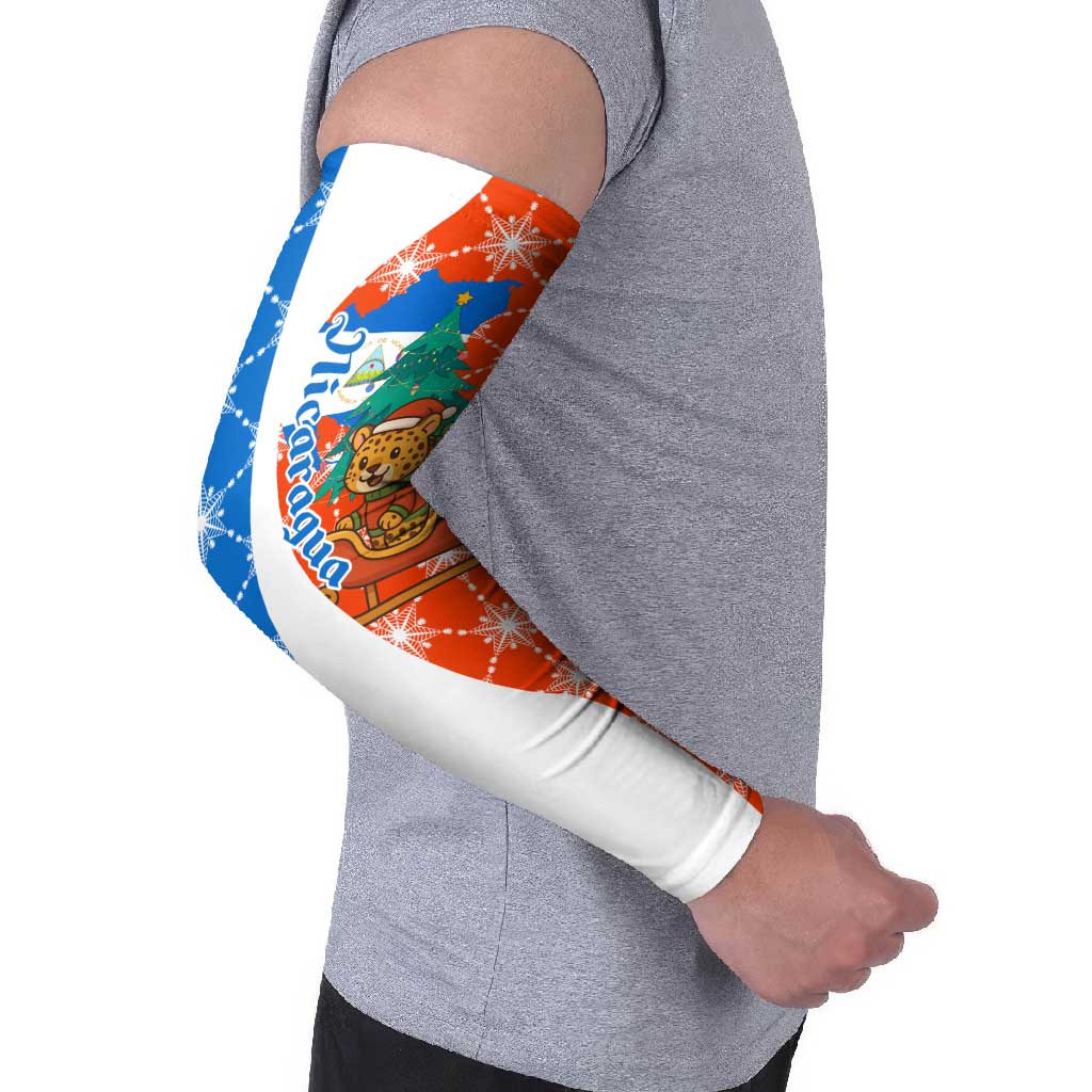 Nicaragua Christmas Arm Sleeves with Jaguar in Sleigh Christmas Tree Snowflakes and Flag Colors Design - Wonder Print Shop