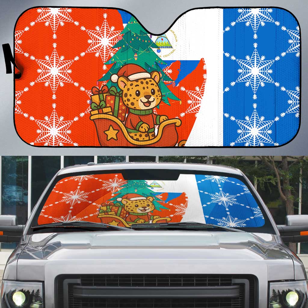 Nicaragua Christmas Auto Sun Shade with Jaguar in Sleigh Christmas Tree Snowflakes and Flag Colors Design - Wonder Print Shop