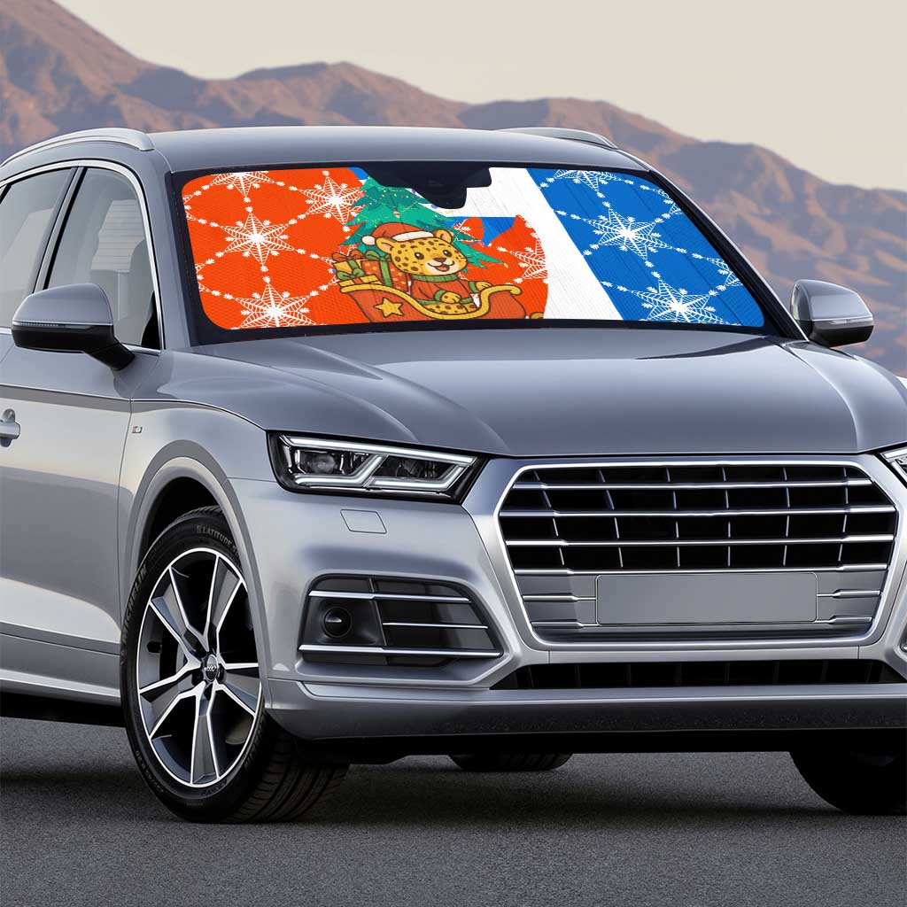 Nicaragua Christmas Auto Sun Shade with Jaguar in Sleigh Christmas Tree Snowflakes and Flag Colors Design - Wonder Print Shop