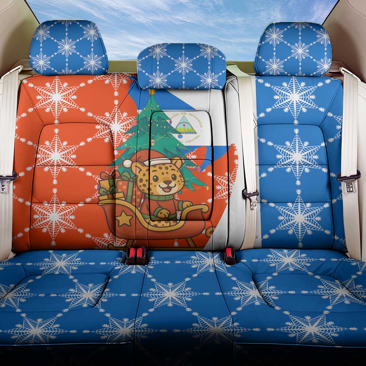 Nicaragua Christmas Back Car Seat Cover with Jaguar in Sleigh Christmas Tree Snowflakes and Flag Colors Design - Wonder Print Shop