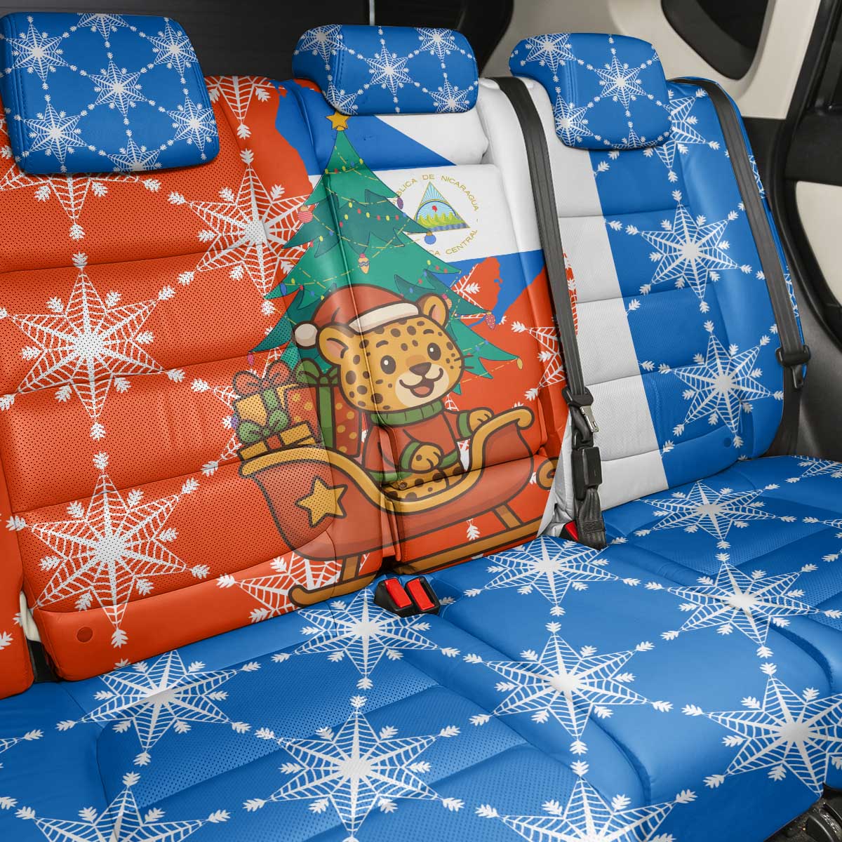 Nicaragua Christmas Back Car Seat Cover with Jaguar in Sleigh Christmas Tree Snowflakes and Flag Colors Design - Wonder Print Shop