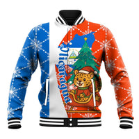 Nicaragua Christmas Baseball Jacket with Jaguar in Sleigh Christmas Tree Snowflakes and Flag Colors Design - Wonder Print Shop