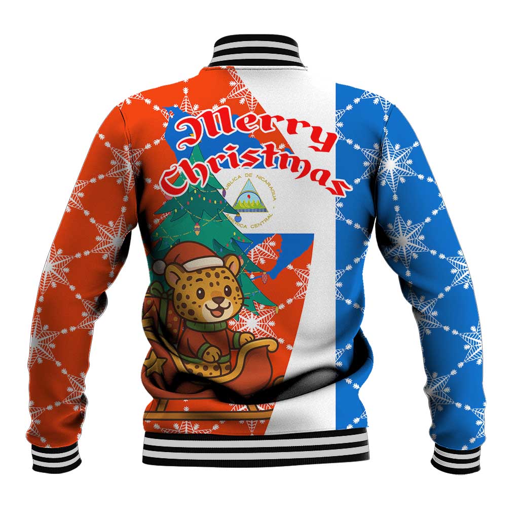 Nicaragua Christmas Baseball Jacket with Jaguar in Sleigh Christmas Tree Snowflakes and Flag Colors Design - Wonder Print Shop
