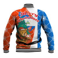 Nicaragua Christmas Baseball Jacket with Jaguar in Sleigh Christmas Tree Snowflakes and Flag Colors Design - Wonder Print Shop