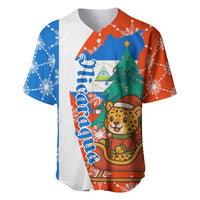 Nicaragua Christmas Baseball Jersey with Jaguar in Sleigh Christmas Tree Snowflakes and Flag Colors Design - Wonder Print Shop