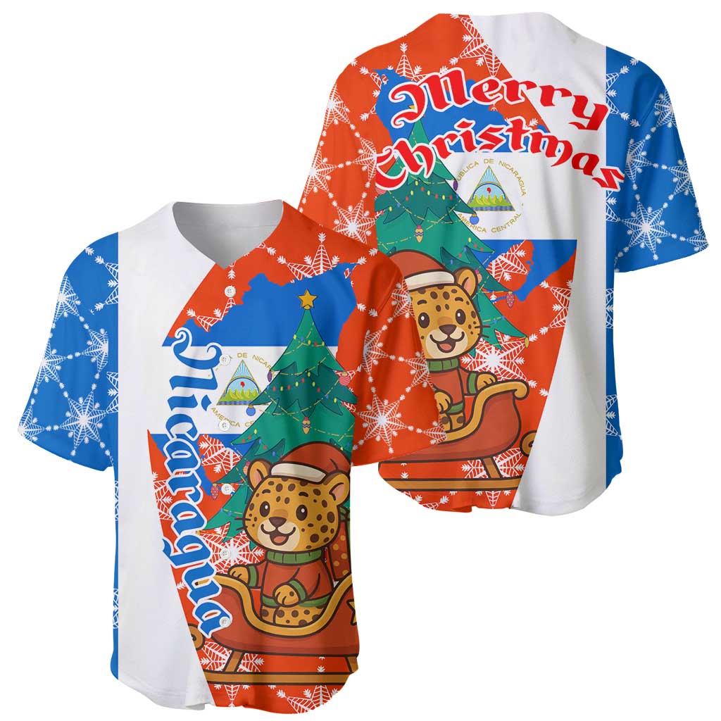 Nicaragua Christmas Baseball Jersey with Jaguar in Sleigh Christmas Tree Snowflakes and Flag Colors Design - Wonder Print Shop