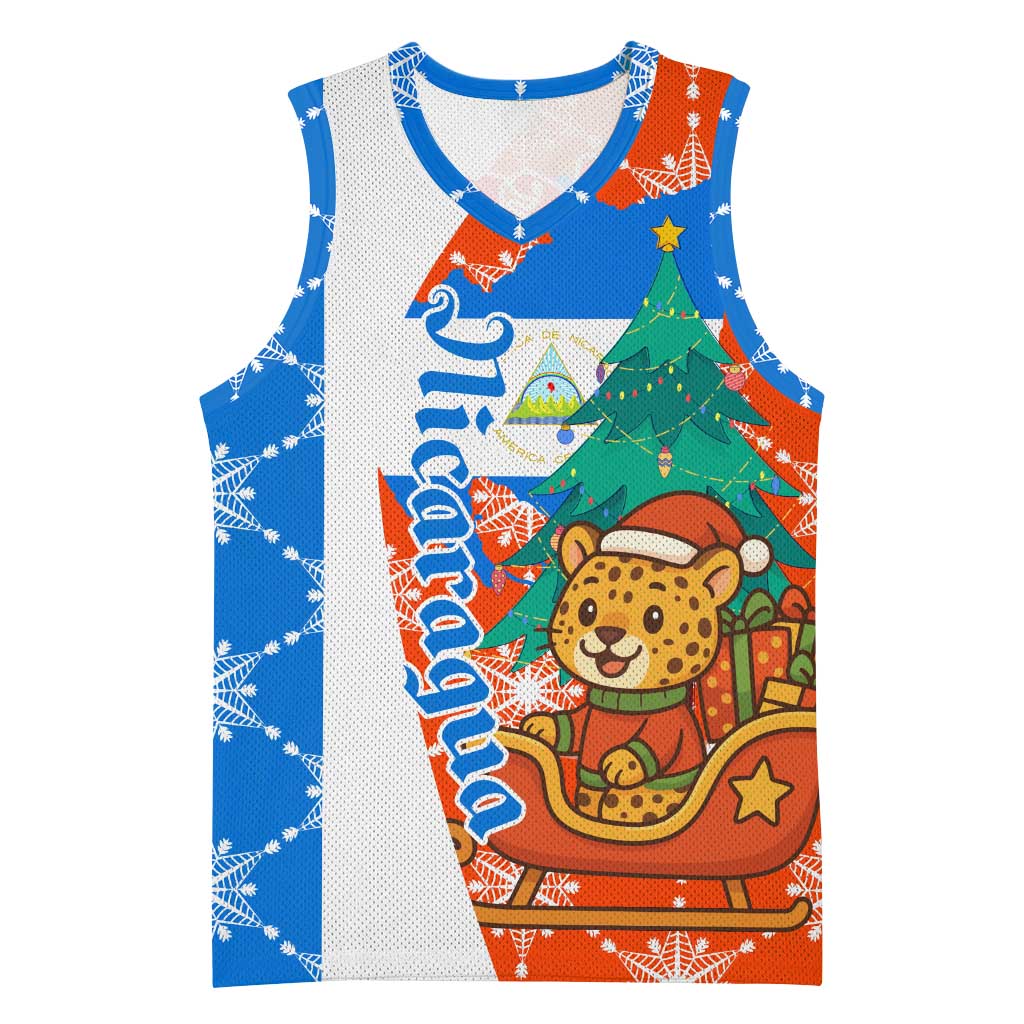 Nicaragua Christmas Basketball Jersey with Jaguar in Sleigh Christmas Tree Snowflakes and Flag Colors Design - Wonder Print Shop