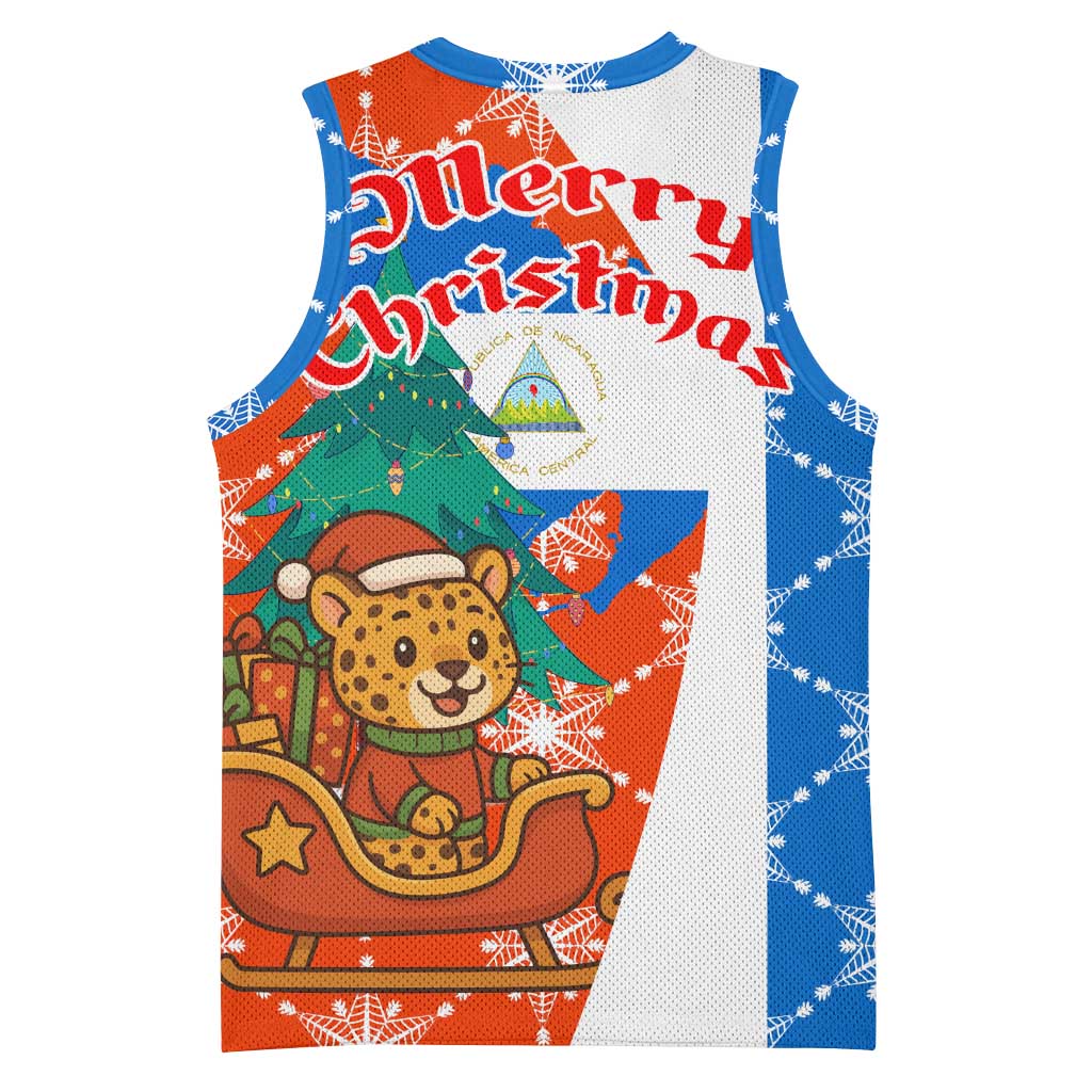 Nicaragua Christmas Basketball Jersey with Jaguar in Sleigh Christmas Tree Snowflakes and Flag Colors Design - Wonder Print Shop