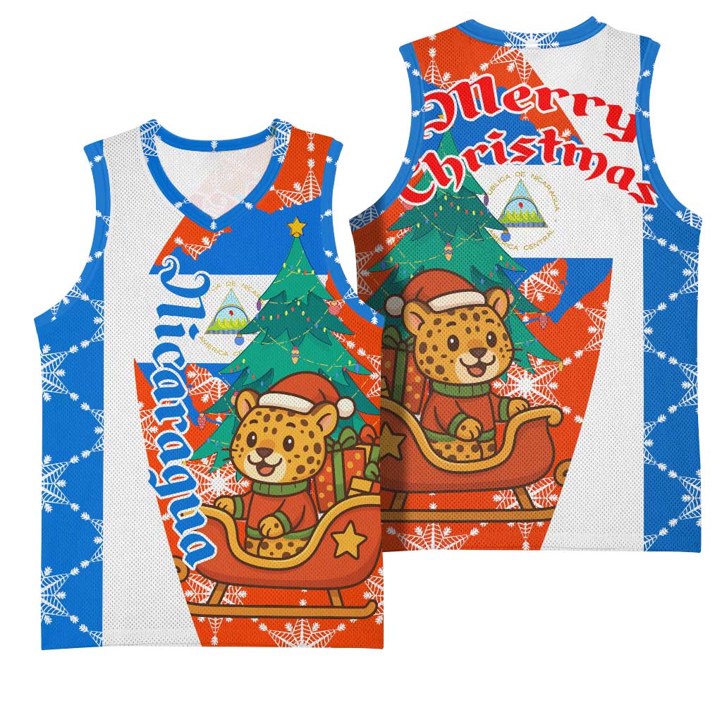 Nicaragua Christmas Basketball Jersey with Jaguar in Sleigh Christmas Tree Snowflakes and Flag Colors Design - Wonder Print Shop