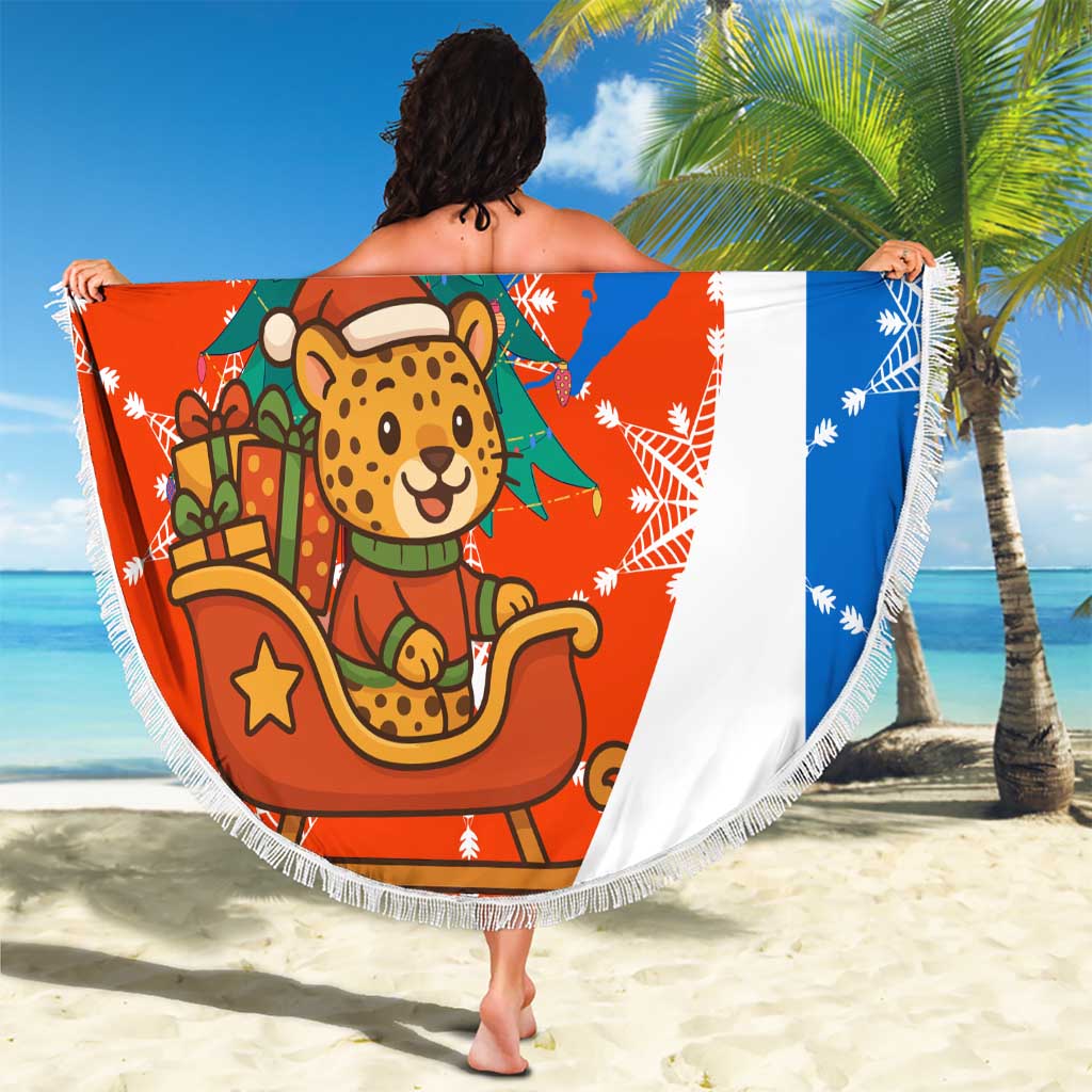 Nicaragua Christmas Beach Blanket with Jaguar in Sleigh Christmas Tree Snowflakes and Flag Colors Design - Wonder Print Shop