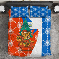 Nicaragua Christmas Bedding Set with Jaguar in Sleigh Christmas Tree Snowflakes and Flag Colors Design - Wonder Print Shop