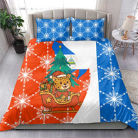 Nicaragua Christmas Bedding Set with Jaguar in Sleigh Christmas Tree Snowflakes and Flag Colors Design - Wonder Print Shop