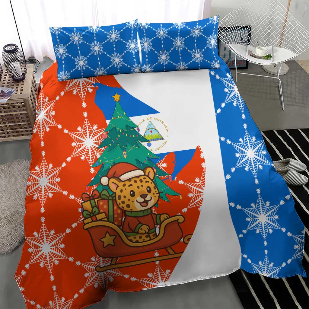 Nicaragua Christmas Bedding Set with Jaguar in Sleigh Christmas Tree Snowflakes and Flag Colors Design - Wonder Print Shop