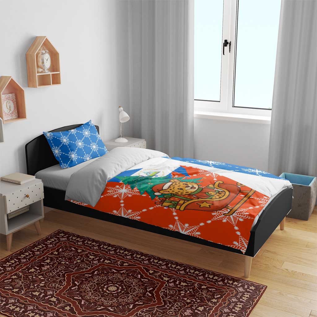 Nicaragua Christmas Bedding Set with Jaguar in Sleigh Christmas Tree Snowflakes and Flag Colors Design - Wonder Print Shop