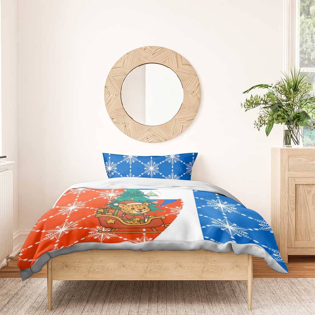 Nicaragua Christmas Bedding Set with Jaguar in Sleigh Christmas Tree Snowflakes and Flag Colors Design - Wonder Print Shop