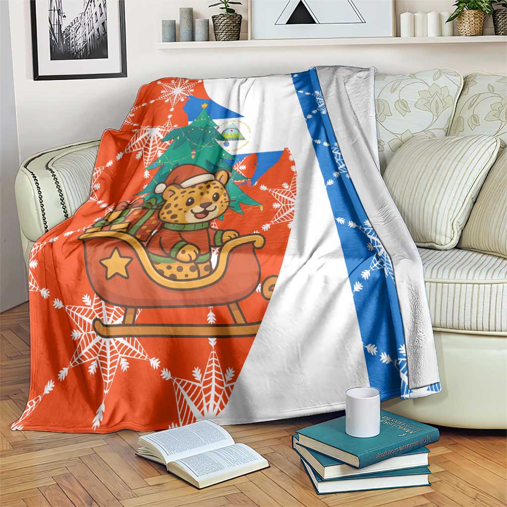 Nicaragua Christmas Blanket with Jaguar in Sleigh Christmas Tree Snowflakes and Flag Colors Design - Wonder Print Shop