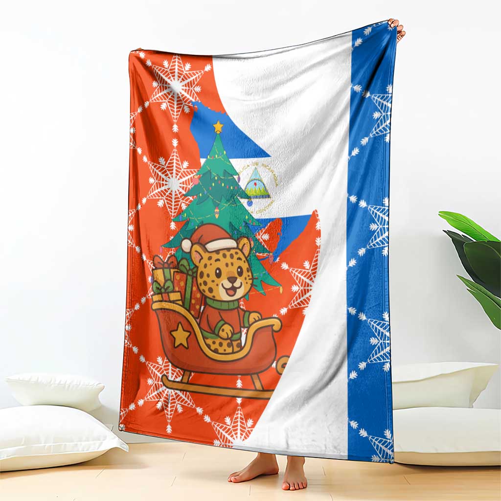 Nicaragua Christmas Blanket with Jaguar in Sleigh Christmas Tree Snowflakes and Flag Colors Design - Wonder Print Shop