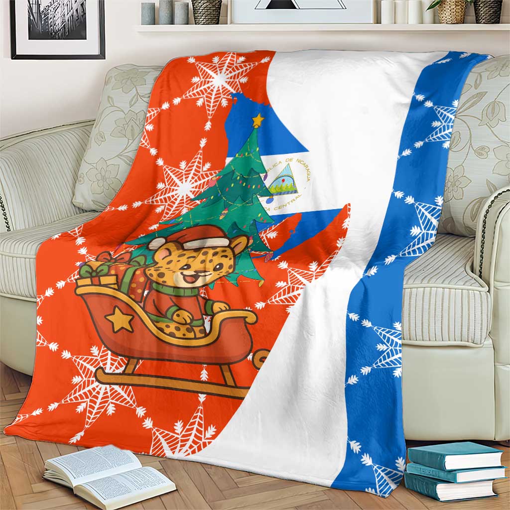 Nicaragua Christmas Blanket with Jaguar in Sleigh Christmas Tree Snowflakes and Flag Colors Design - Wonder Print Shop