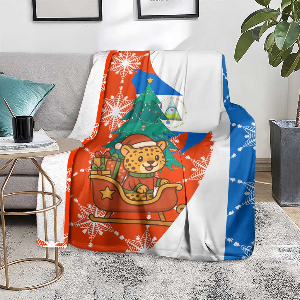Nicaragua Christmas Blanket with Jaguar in Sleigh Christmas Tree Snowflakes and Flag Colors Design - Wonder Print Shop
