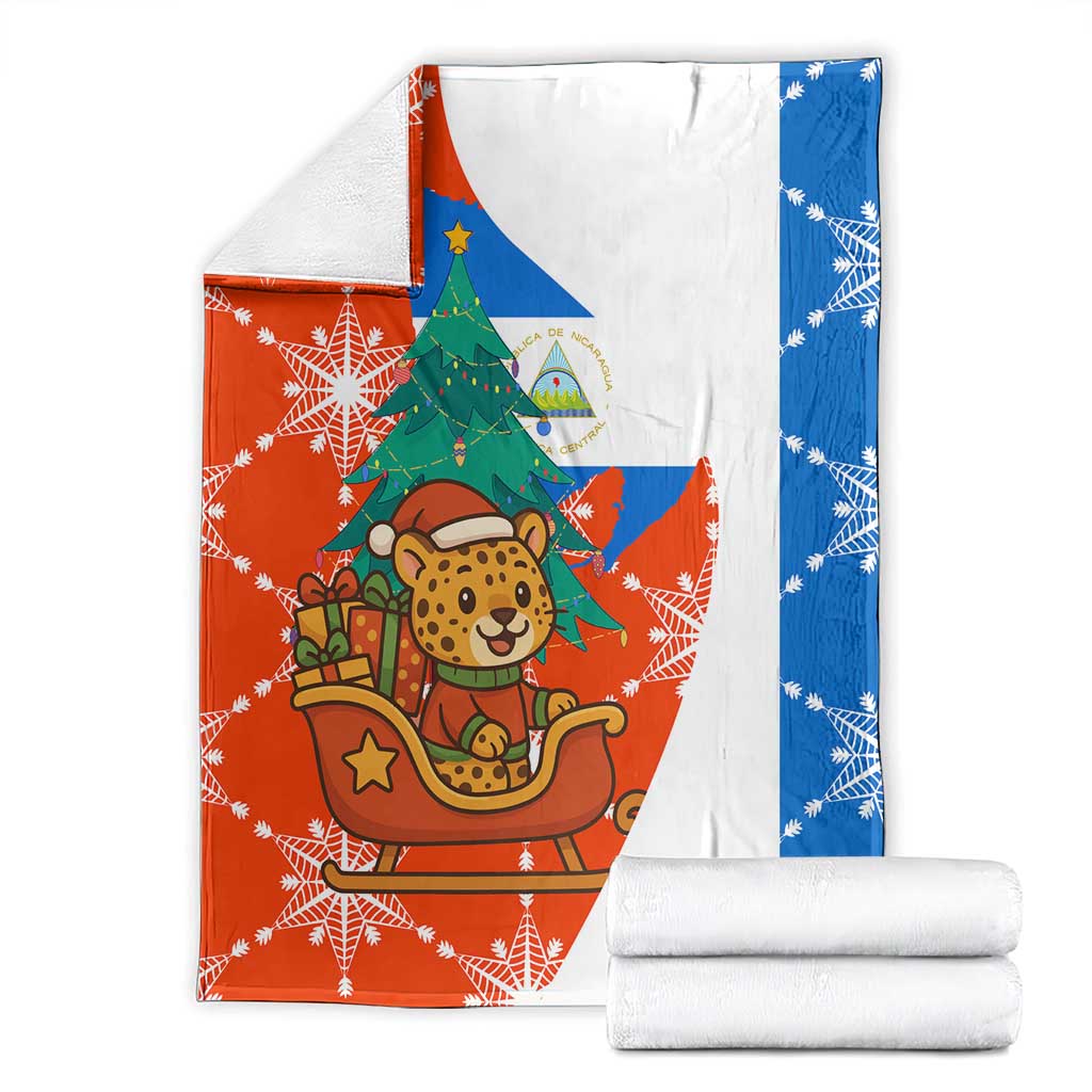 Nicaragua Christmas Blanket with Jaguar in Sleigh Christmas Tree Snowflakes and Flag Colors Design - Wonder Print Shop