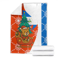 Nicaragua Christmas Blanket with Jaguar in Sleigh Christmas Tree Snowflakes and Flag Colors Design - Wonder Print Shop