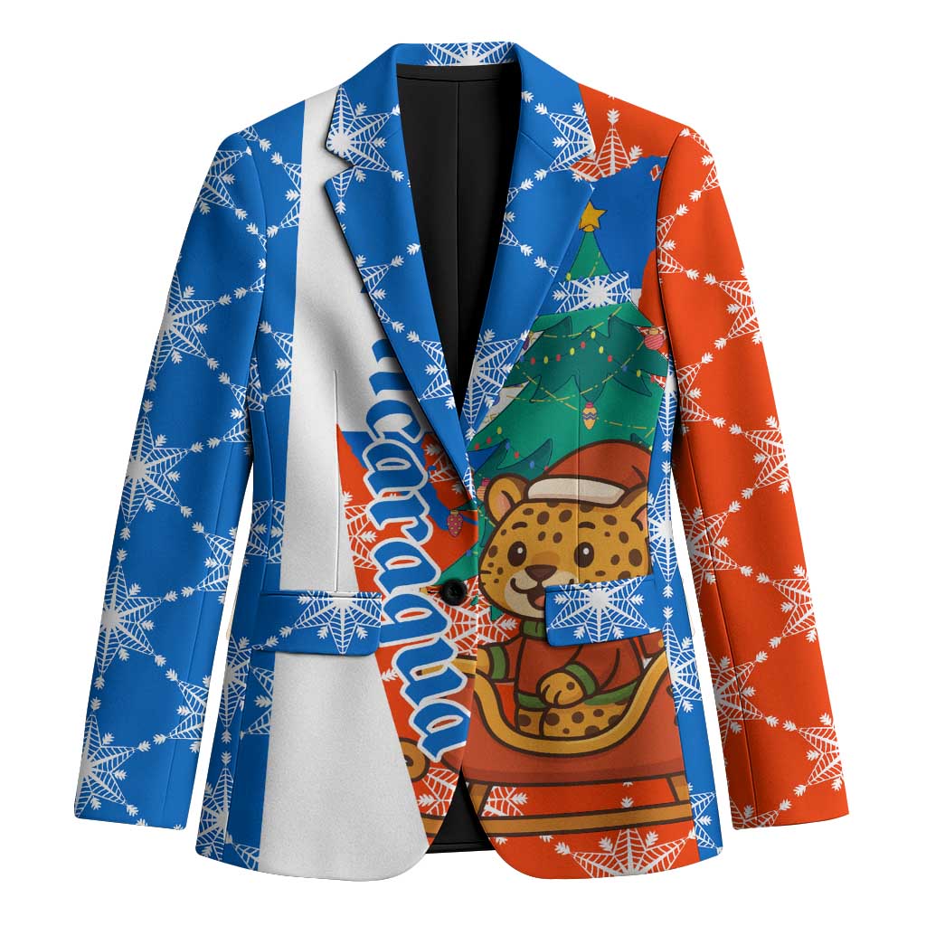 Nicaragua Christmas Blazer with Jaguar in Sleigh Christmas Tree Snowflakes and Flag Colors Design - Wonder Print Shop
