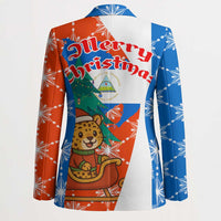 Nicaragua Christmas Blazer with Jaguar in Sleigh Christmas Tree Snowflakes and Flag Colors Design - Wonder Print Shop