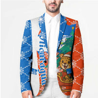 Nicaragua Christmas Blazer with Jaguar in Sleigh Christmas Tree Snowflakes and Flag Colors Design - Wonder Print Shop