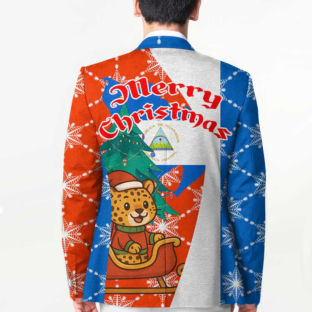 Nicaragua Christmas Blazer with Jaguar in Sleigh Christmas Tree Snowflakes and Flag Colors Design - Wonder Print Shop