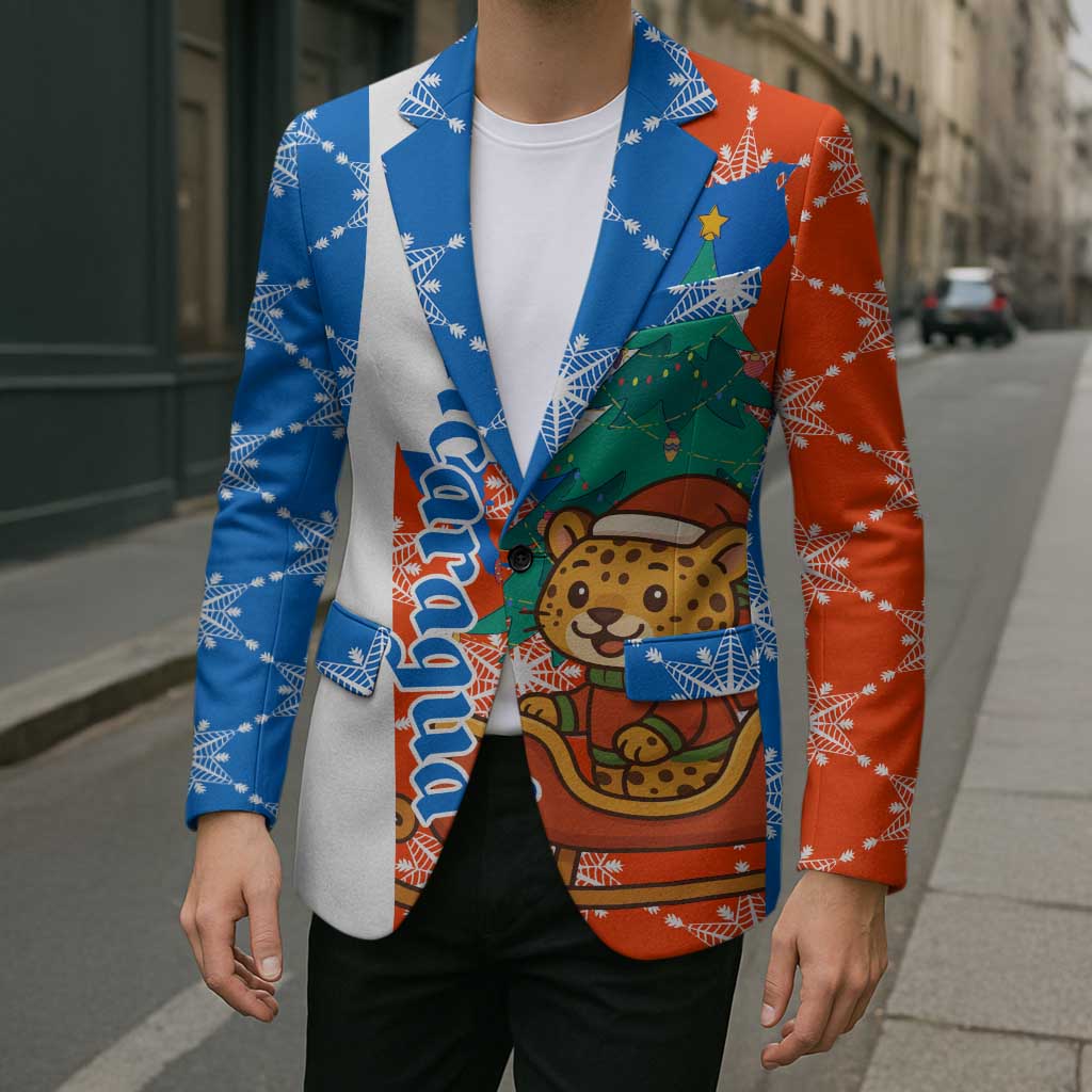 Nicaragua Christmas Blazer with Jaguar in Sleigh Christmas Tree Snowflakes and Flag Colors Design - Wonder Print Shop