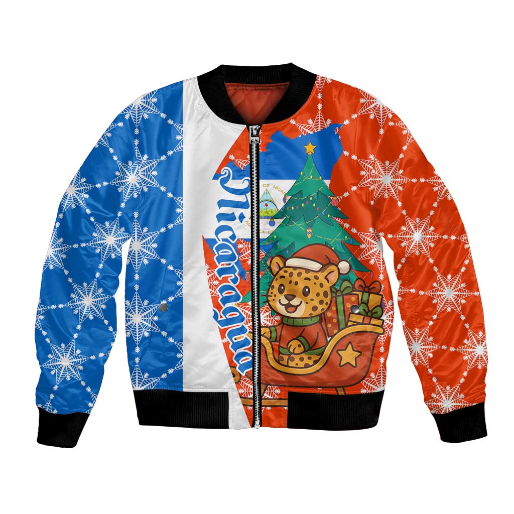 Nicaragua Christmas Bomber Jacket with Jaguar in Sleigh Christmas Tree Snowflakes and Flag Colors Design - Wonder Print Shop