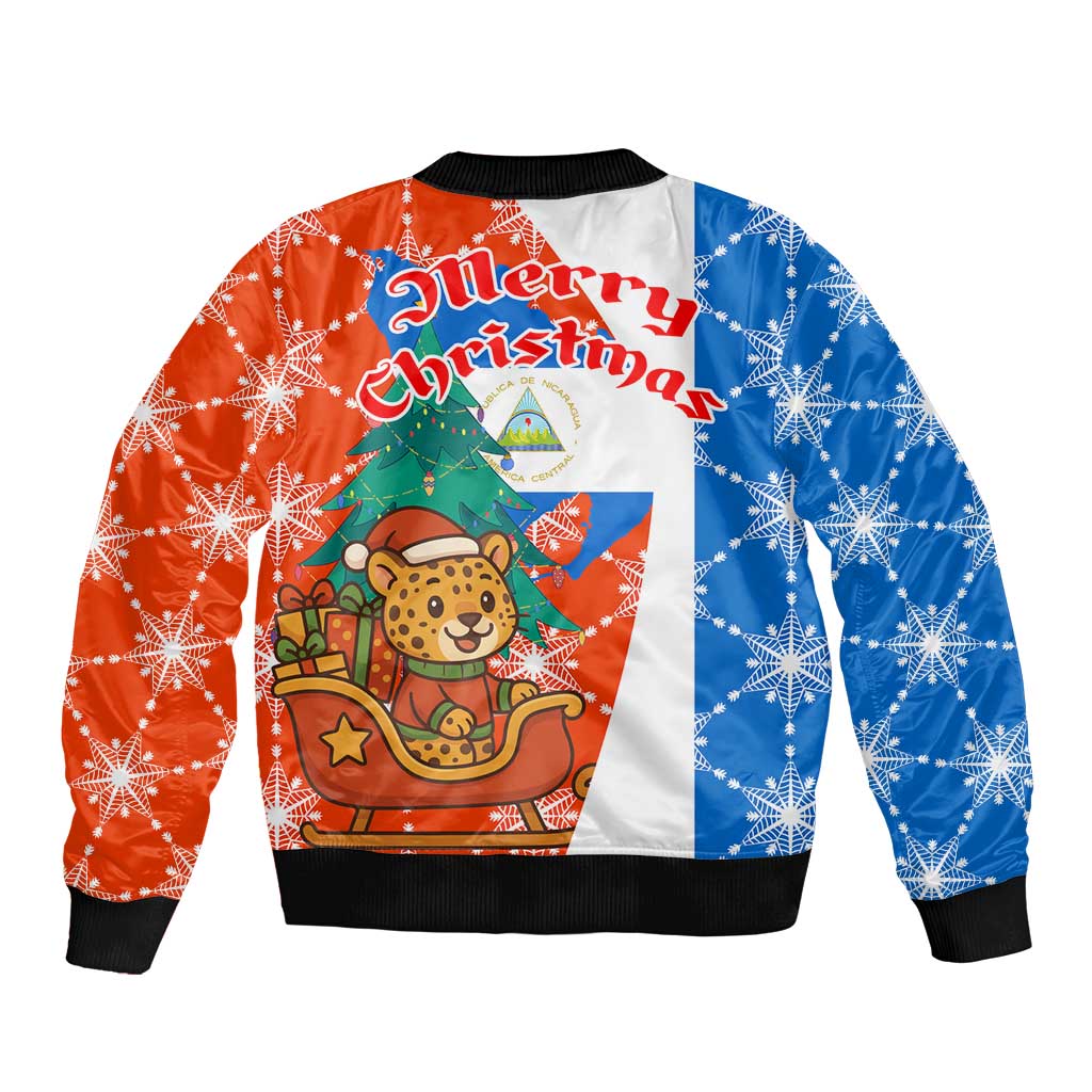 Nicaragua Christmas Bomber Jacket with Jaguar in Sleigh Christmas Tree Snowflakes and Flag Colors Design - Wonder Print Shop