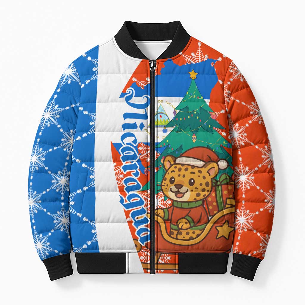 Nicaragua Christmas Bomber Puffer Jacket with Jaguar in Sleigh Christmas Tree Snowflakes and Flag Colors Design - Wonder Print Shop