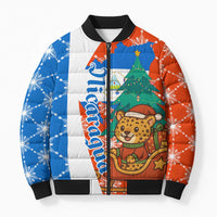 Nicaragua Christmas Bomber Puffer Jacket with Jaguar in Sleigh Christmas Tree Snowflakes and Flag Colors Design - Wonder Print Shop