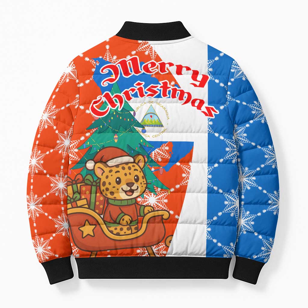 Nicaragua Christmas Bomber Puffer Jacket with Jaguar in Sleigh Christmas Tree Snowflakes and Flag Colors Design - Wonder Print Shop