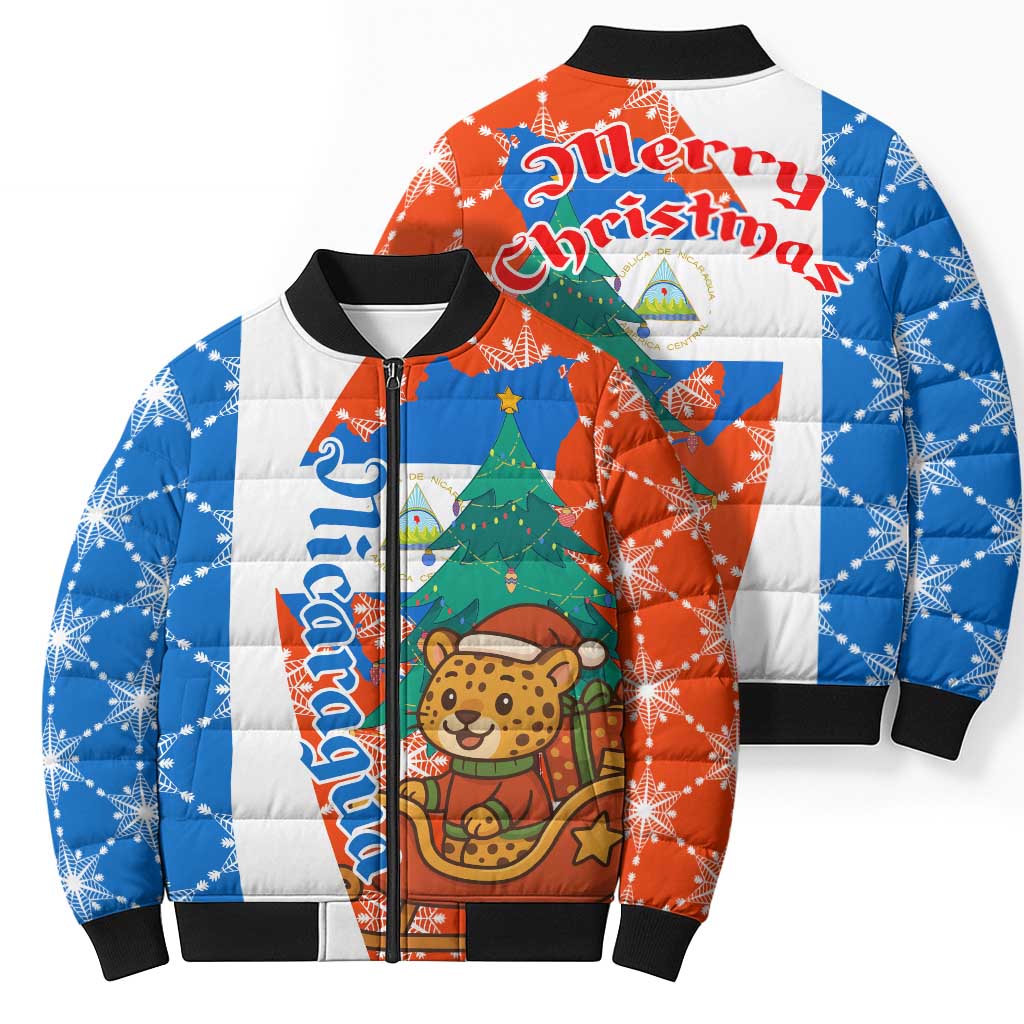 Nicaragua Christmas Bomber Puffer Jacket with Jaguar in Sleigh Christmas Tree Snowflakes and Flag Colors Design - Wonder Print Shop