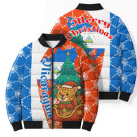 Nicaragua Christmas Bomber Puffer Jacket with Jaguar in Sleigh Christmas Tree Snowflakes and Flag Colors Design - Wonder Print Shop