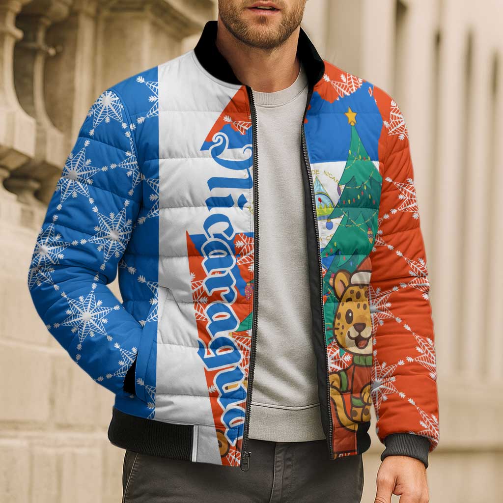 Nicaragua Christmas Bomber Puffer Jacket with Jaguar in Sleigh Christmas Tree Snowflakes and Flag Colors Design - Wonder Print Shop