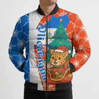 Nicaragua Christmas Bomber Puffer Jacket with Jaguar in Sleigh Christmas Tree Snowflakes and Flag Colors Design - Wonder Print Shop