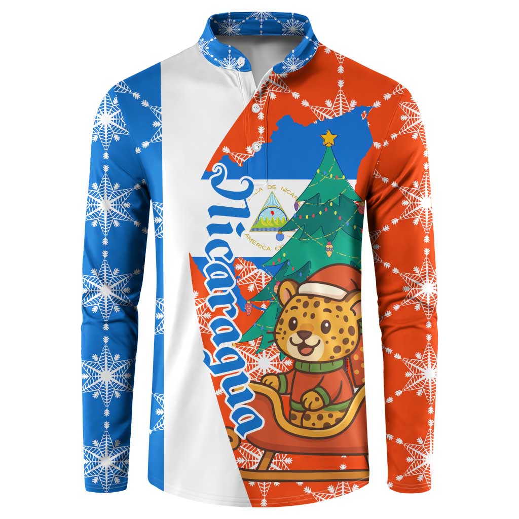 Nicaragua Christmas Button Sweatshirt with Jaguar in Sleigh Christmas Tree Snowflakes and Flag Colors Design - Wonder Print Shop