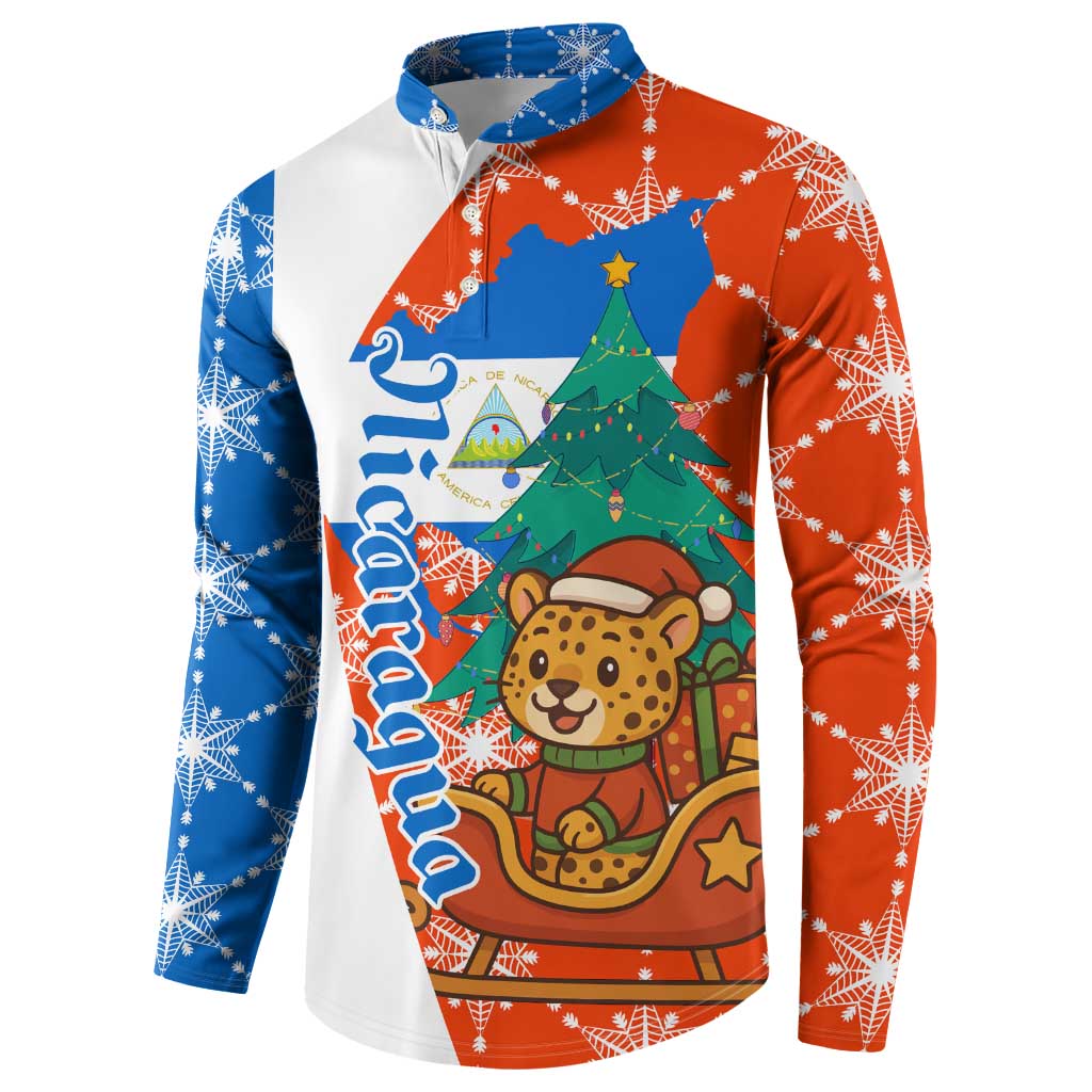 Nicaragua Christmas Button Sweatshirt with Jaguar in Sleigh Christmas Tree Snowflakes and Flag Colors Design - Wonder Print Shop
