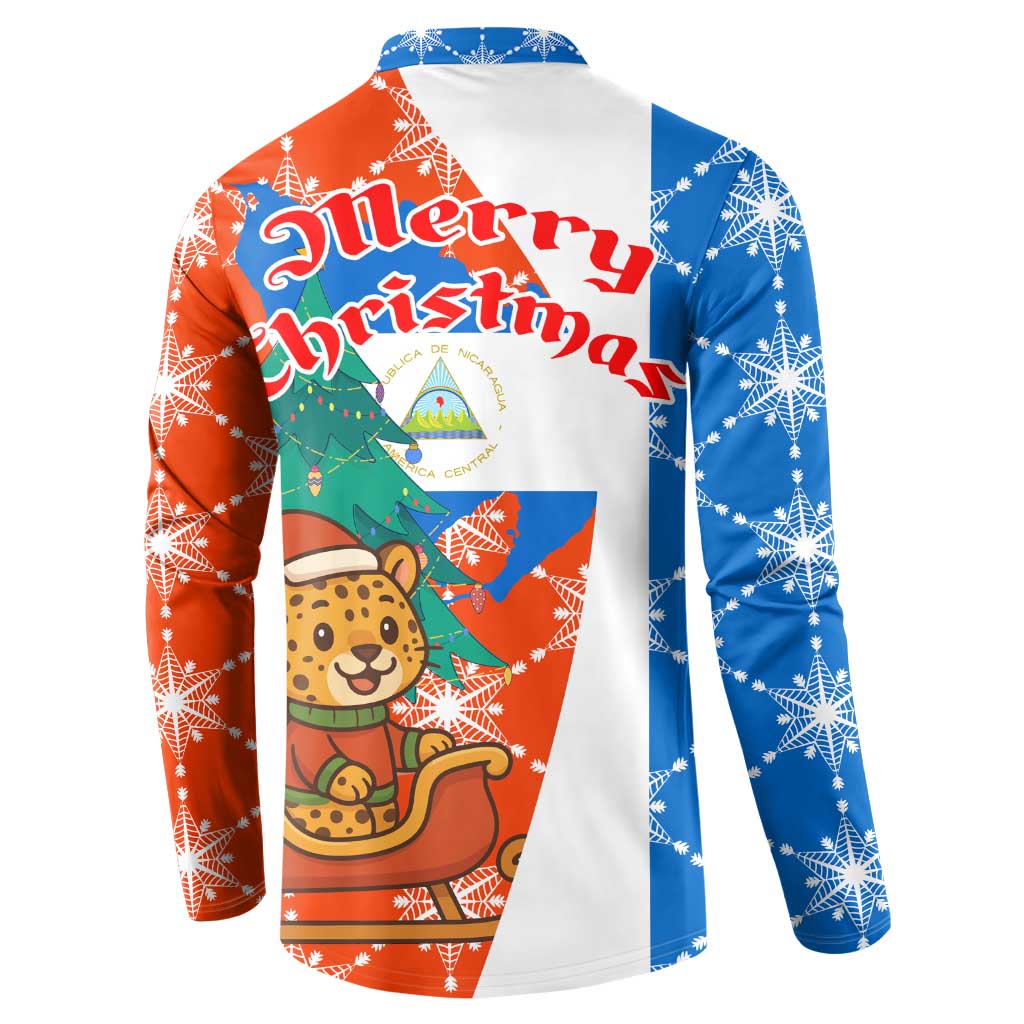 Nicaragua Christmas Button Sweatshirt with Jaguar in Sleigh Christmas Tree Snowflakes and Flag Colors Design - Wonder Print Shop