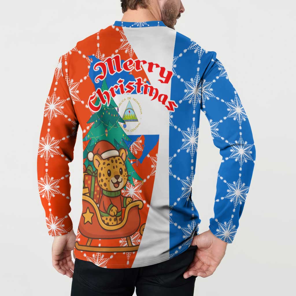 Nicaragua Christmas Button Sweatshirt with Jaguar in Sleigh Christmas Tree Snowflakes and Flag Colors Design - Wonder Print Shop