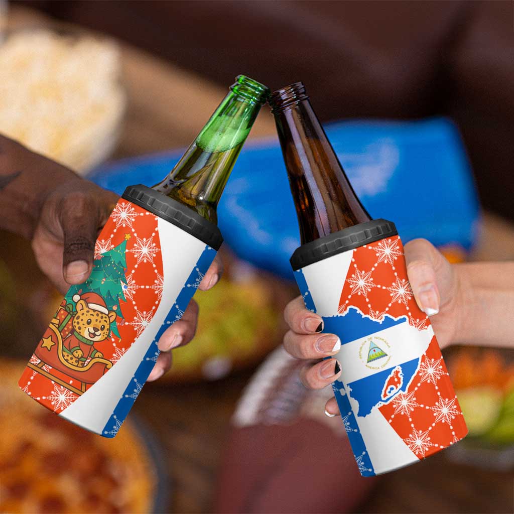 Nicaragua Christmas 4 in 1 Can Cooler Tumbler with Jaguar in Sleigh Christmas Tree Snowflakes and Flag Colors Design - Wonder Print Shop